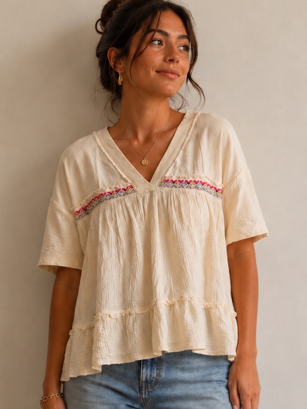 Sage + Fig Embroidered V-Neck Cream Peasant Blouse